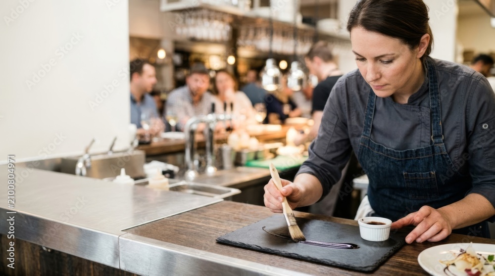 Fototapeta premium Chef meticulously plates food with sauce using a pastry brush in a modern open kitchen with guests blurred in the background.