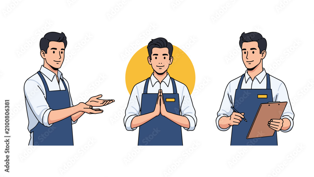Fototapeta premium Professional service staff character in apron showing welcome gesture, greeting with hands together, and taking orders for service.