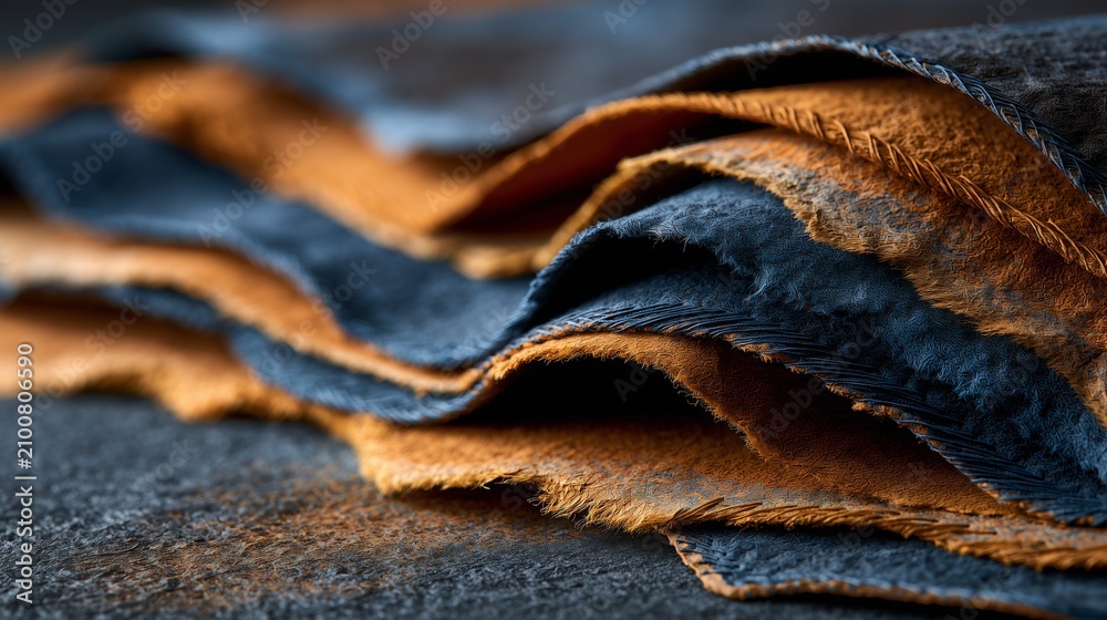 Fototapeta premium Layered hand-mended paper sheets with stitched repairs in indigo and sienna
