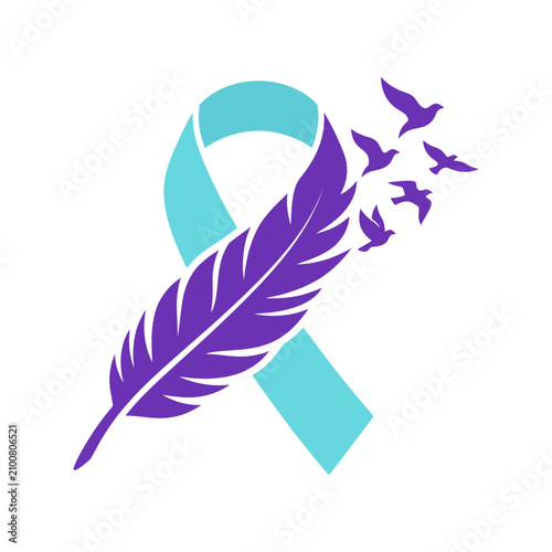 Blue awareness ribbon with a purple feather transforming into small flying birds symbol