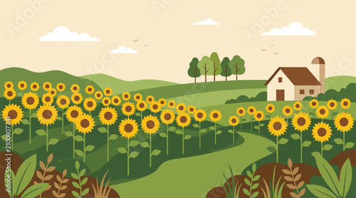 Sunflower field with path leading to rural farmhouse building.