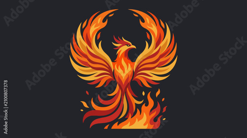 Картината върху платно Stylized fire phoenix bird rising from golden flames.