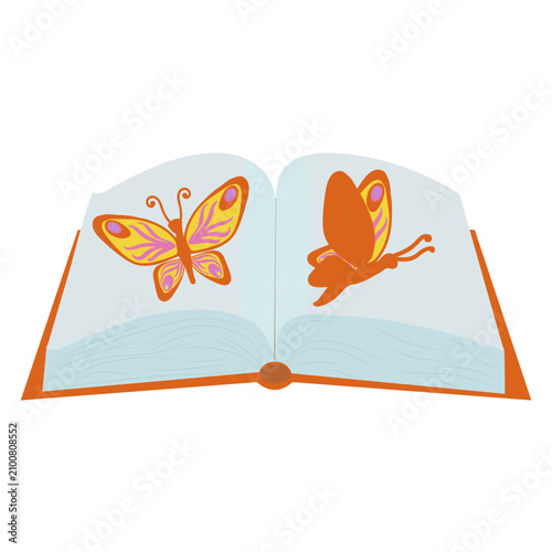 Book spread featuring orange butterflies. Vector illustration isolated on white background.
