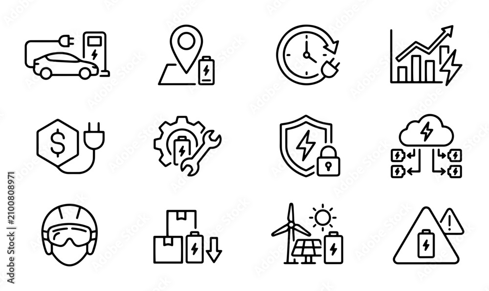 Fototapeta premium Electric Vehicle Icons: Charging, Battery, Eco Energy, Finance, Technology, Safety, Logistics