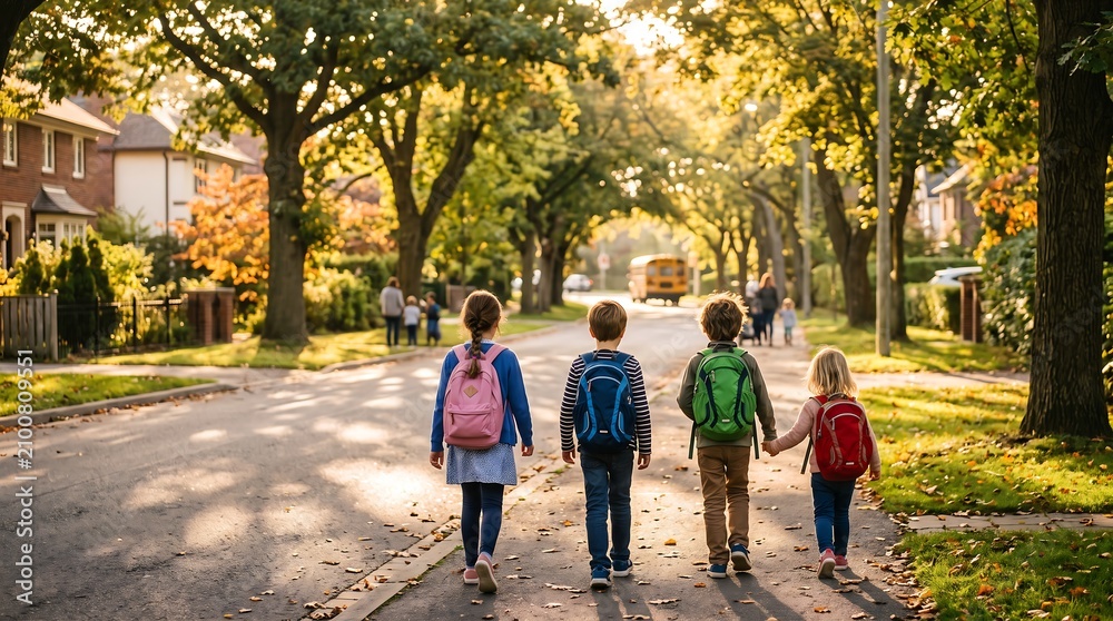 Obraz premium Three little kids with schoolbags walking along a sunlit neighborhood sidewalk on a beautiful crisp autumn morning