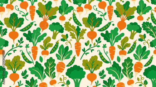 Seamless vegetable pattern with carrots and greens.
