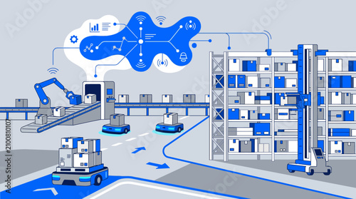High-tech automated warehouse with smart robots and digital systems.