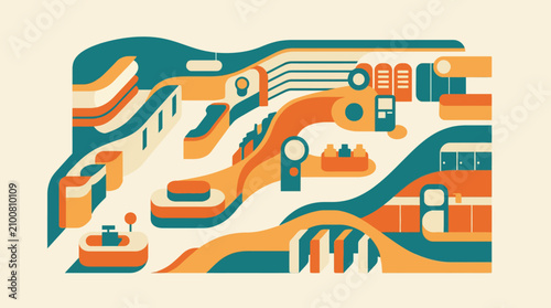 Abstract urban planning landscape with flowing pathways.