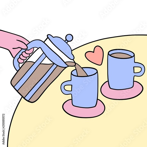 hand holding a cup of coffee, flat illustration of a tea-drinking scene: a table, cups, and a teapot.
