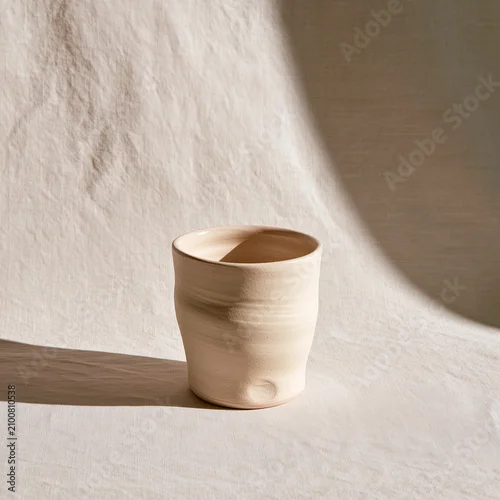 Obraz Stoneware cup with dramatic diagonal light through linen drape