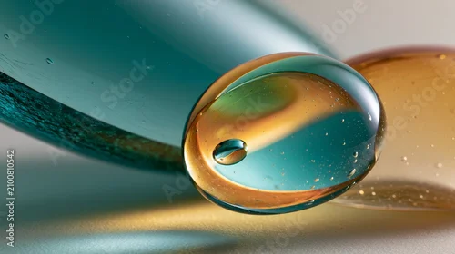 Obraz Macro hand-blown glass droplet in teal and amber refraction