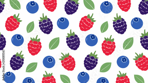 Obraz na plátně Colorful mixed berry pattern with leaves on white.