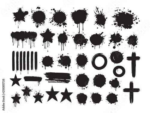 Vector spray paint splatters, drips, and graffiti stroke elements set on white background.