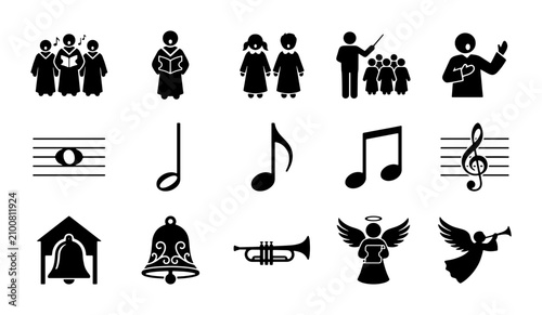 Tableau sur toile Church choir and music icons set, 15 black vector silhouettes of singers and mus