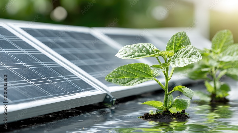 Fototapeta premium Young plant sprout growing near solar panels.