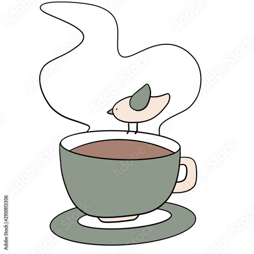 Doodle illustration cup of coffee and little bird, cappuccino, white background, isolated 