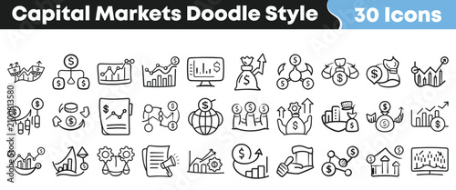 Canvastavla Hand drawn collection of capital markets icons in doodle style