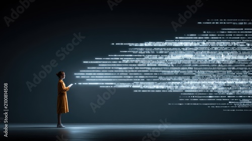 Woman observing digital data stream in dark space.