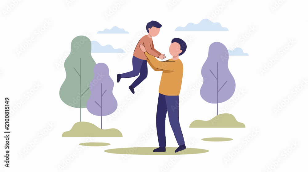 Fototapeta premium Joyful father and son bonding outdoors, flat design illustration