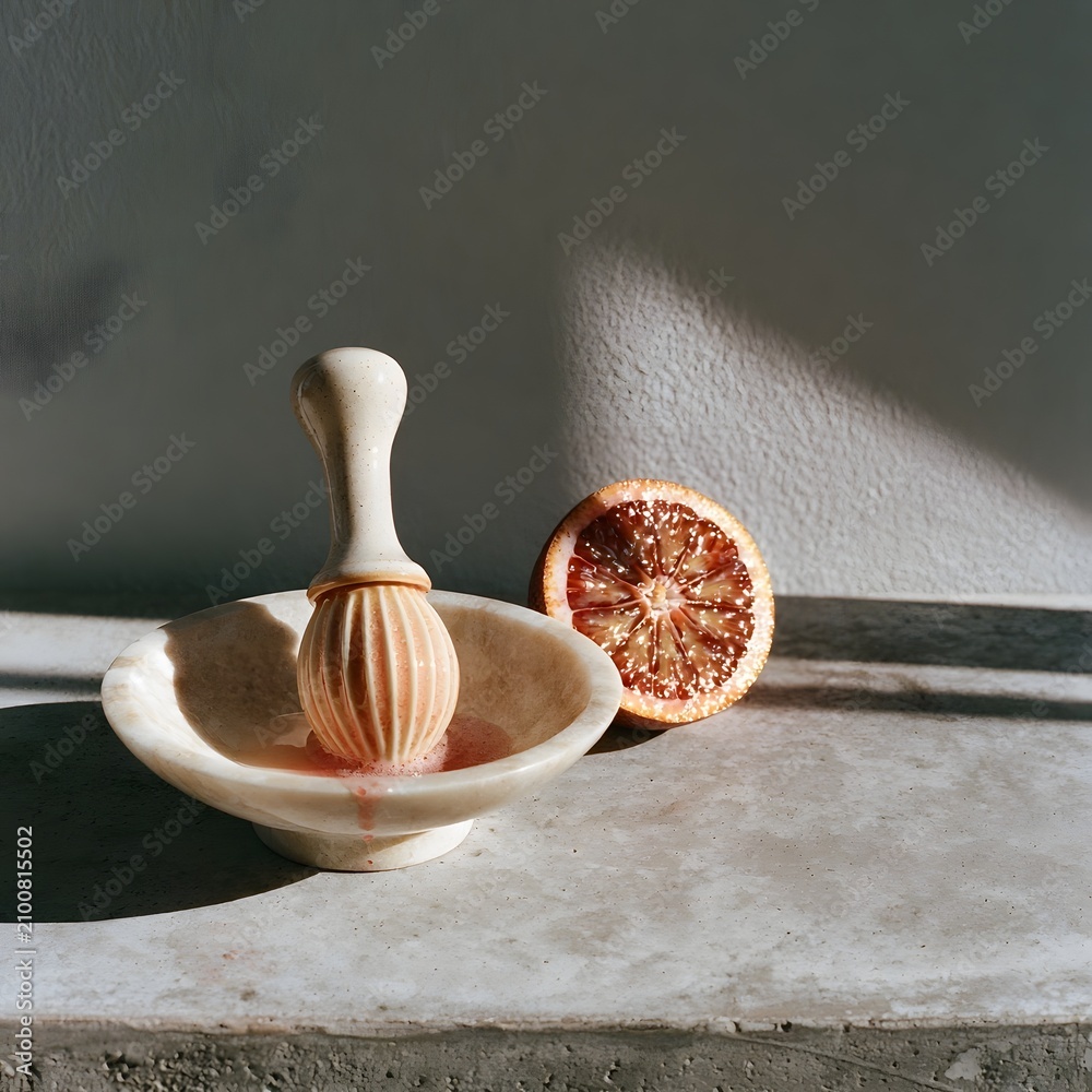 Fototapeta premium Ceramic citrus reamer beside halved blood orange in marble bowl