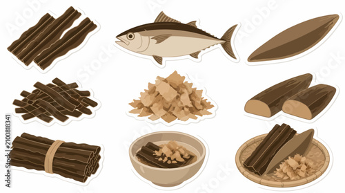 Fotografie Japanese katsuobushi dried bonito fish and flakes set.