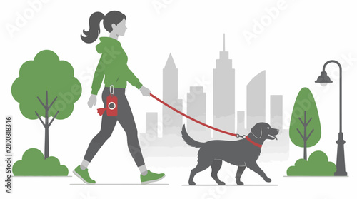 Foto Woman walking black dog on leash in city park.