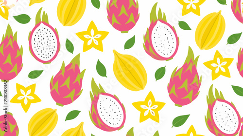 Canvastavla Tropical dragon fruit and starfruit seamless pattern background.