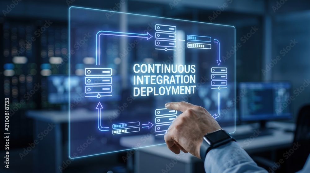Fototapeta premium Holographic screen showing automated continuous integration and deployment, depicting modern software engineering, efficient IT operations, and digital workflow management