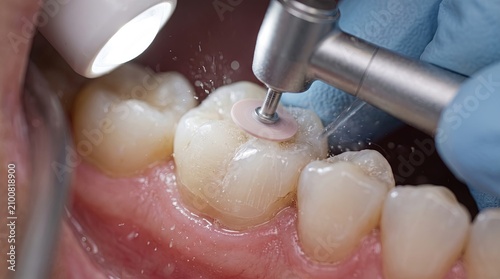 Dental polishing procedure on molar with rotary disc under focused clinical lamp