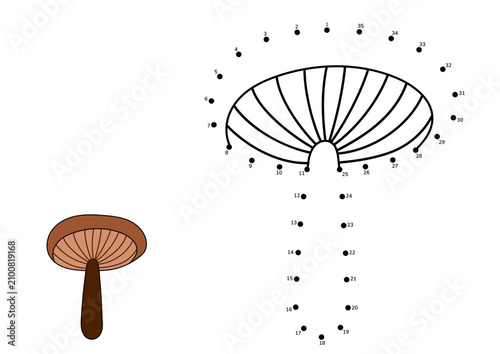Cute mushroom dot to dot printable worksheet for kids. Connect the numbered dots and complete the forest fungi drawing game. Vector illustration