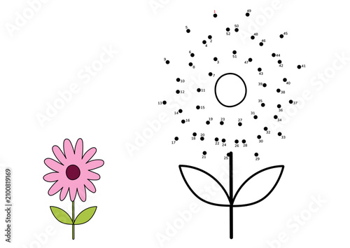 Follow the numbers and draw a blooming pink daisy step by step. Fun printable connect the dots game for preschool and kindergarten. Dot to dot vector illustration
