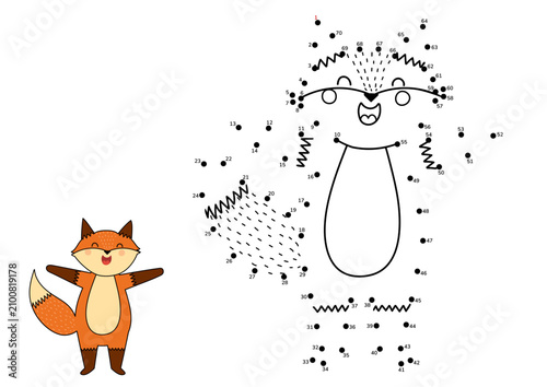 Connect the dots activity page with cute fox character. Cute woodland animal dot to dot drawing game for kids. Vector illustration