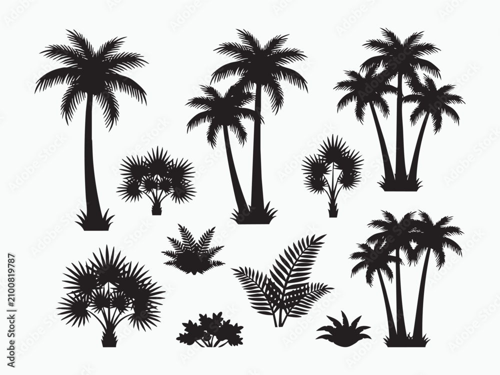 Naklejka premium A collection of black silhouette palm trees and tropical foliage, showcasing different varieties and sizes