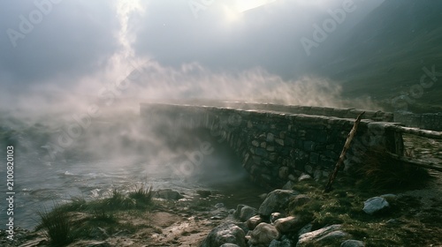 Weathered stone footbridge in swirling highland mist at golden overcast light