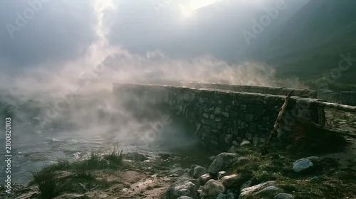 Obraz Weathered stone footbridge in swirling highland mist at golden overcast light