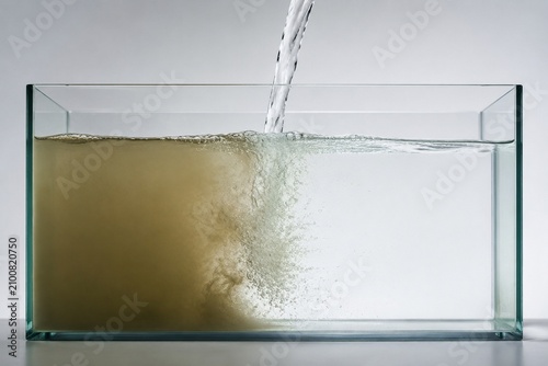 A clear glass tank with a stream of pure water diluting murky water within.