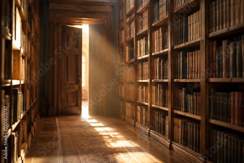Empty sunlit library aisle with wooden shelves and a slightly open door.