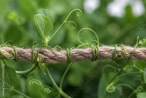 Jute garden twine wrapped by green pea plant tendrils, textured close-up, soft daylight.