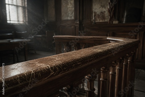 Abandoned courtroom defendant rail with scratch marks, dust motes in light.