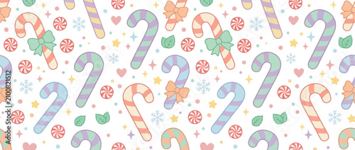 Принти на полотні Pastel Candy Cane Pattern with Peppermints, Hearts, Snowflakes, Stars
