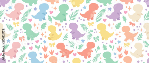 Cute Dinosaur Pattern Pastel Colors Kawaii Style Repeating Background Seamless