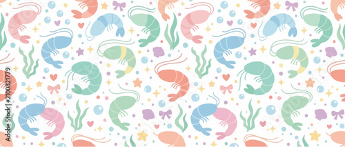 Cute Kawaii Shrimp Pattern Seamless Background with Pastel Colors and Ocean Elements