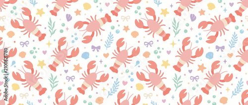 Cute Lobster Pattern, Kawaii Ocean Theme, Seamless Repeat, Pastel Colors