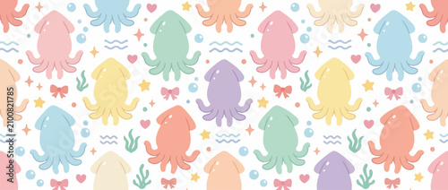 Cute Kawaii Squid Pattern Pastel Colors - Seamless Underwater Background