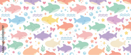Cute Pastel Shark Pattern - Kawaii Ocean Animals, Baby Shower Background