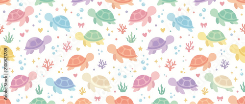 Cute Pastel Sea Turtles Seamless Pattern Background