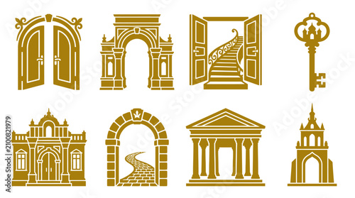 Foto Gold architectural archways doors and key icon set.