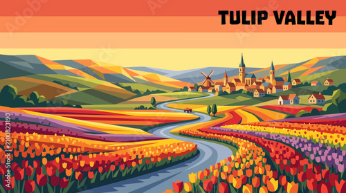 Canvas Print Breathtaking tulip valley with colorful blooming flowers, winding countryside ro