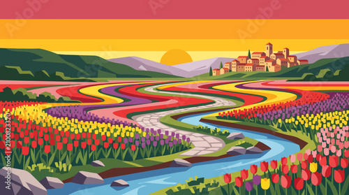 фотографія Breathtaking tulip valley with colorful blooming flowers, winding countryside ro