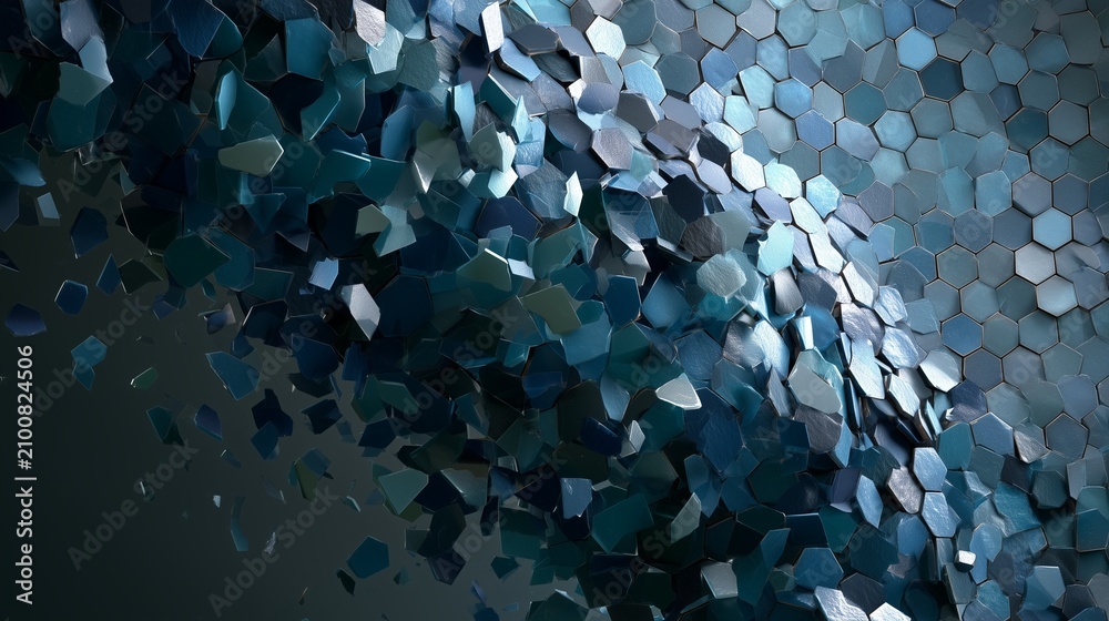 Obraz premium Ceramic mosaic shattering into indigo and emerald fragments, wide view